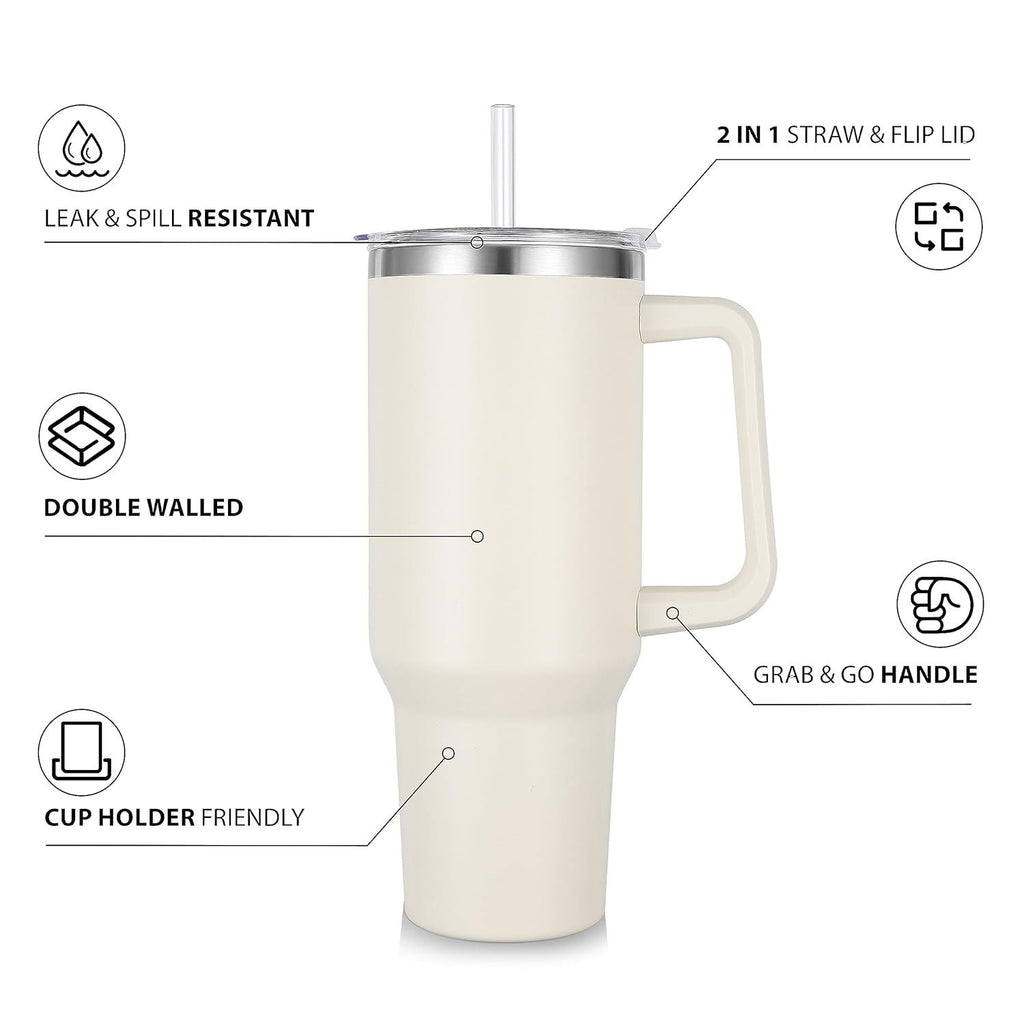 1200 ML Insulated Tumbler with Lid and Straw, Stainless Steel Tumbler Cup with Handle, Leakproof Mug Cupholder for Office, Gym, Travel 1.2 Litre (Sage)