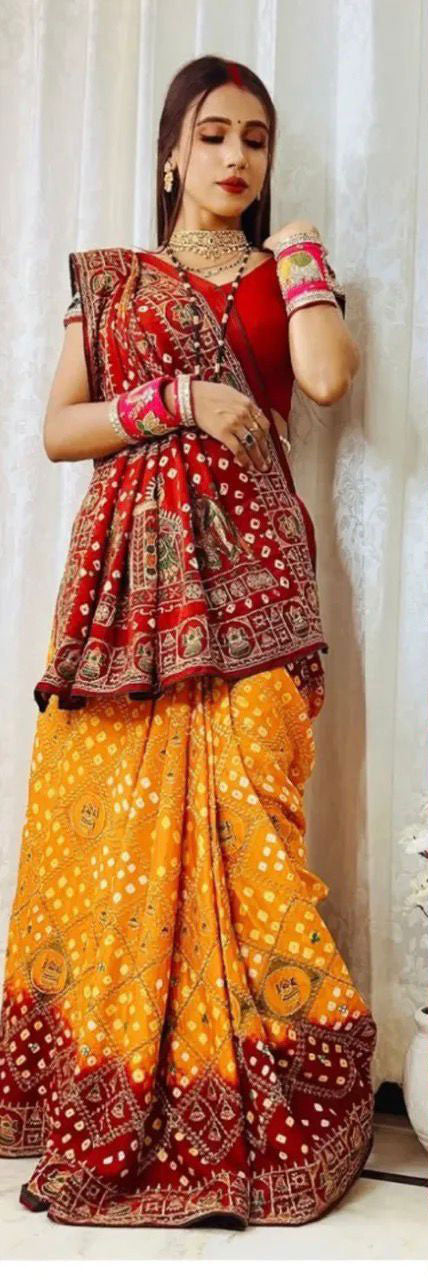 Gaji Silk Bandhani with Hand work Saree