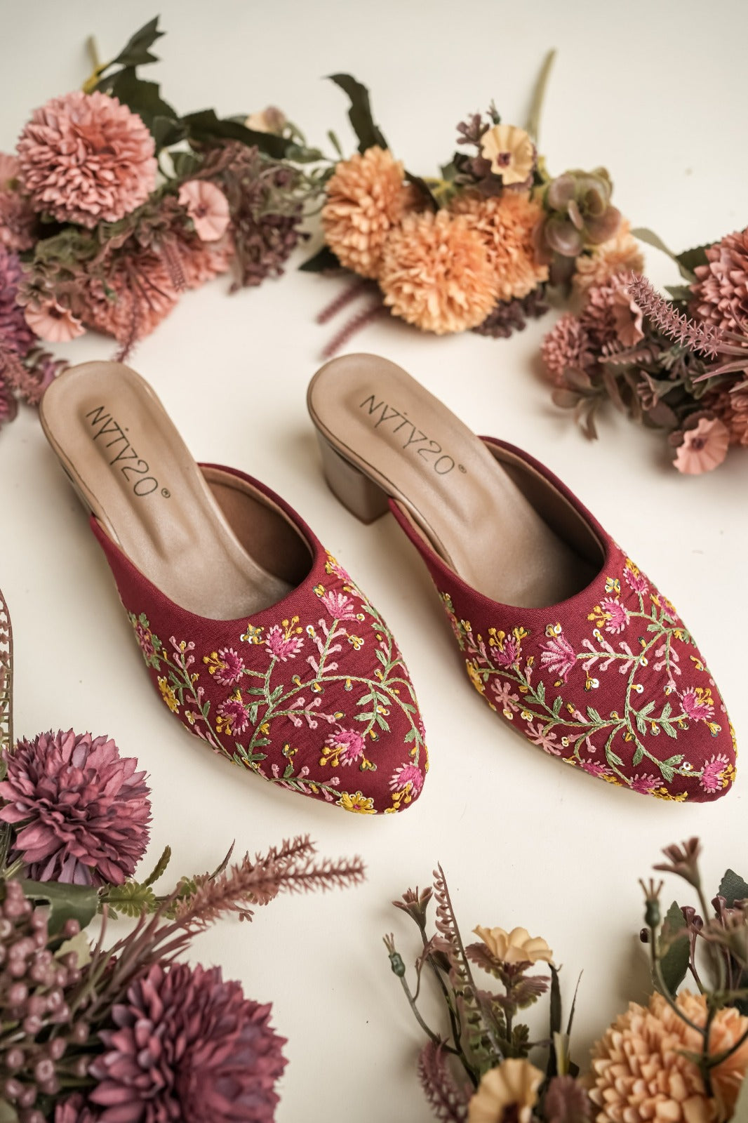 Embroidery Work Heel - maroon color