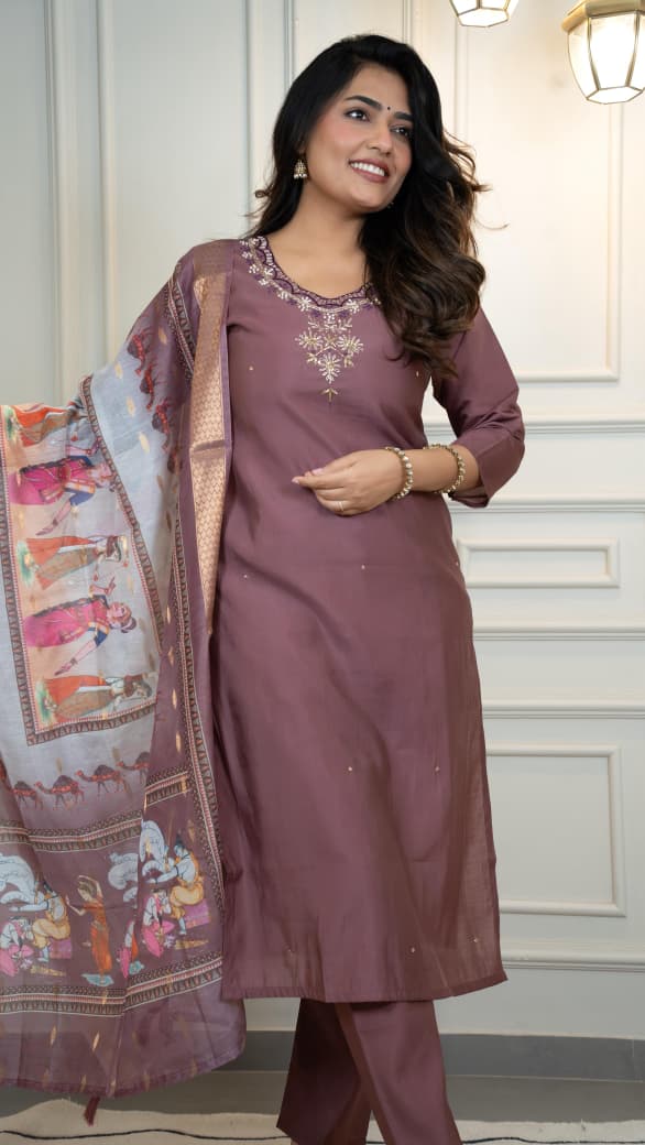 Elegant Roman Silk A-Line Kurta Pant with Dupatta