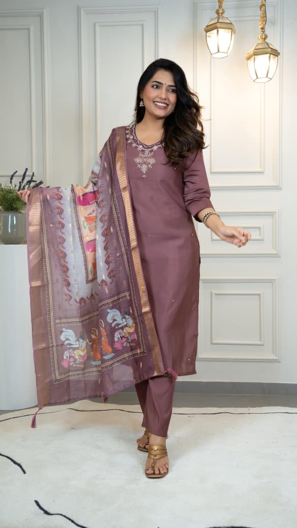 Elegant Roman Silk A-Line Kurta Pant with Dupatta