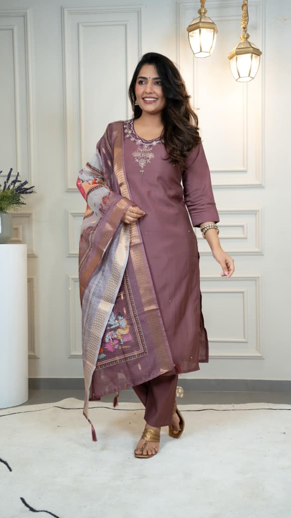 Elegant Roman Silk A-Line Kurta Pant with Dupatta