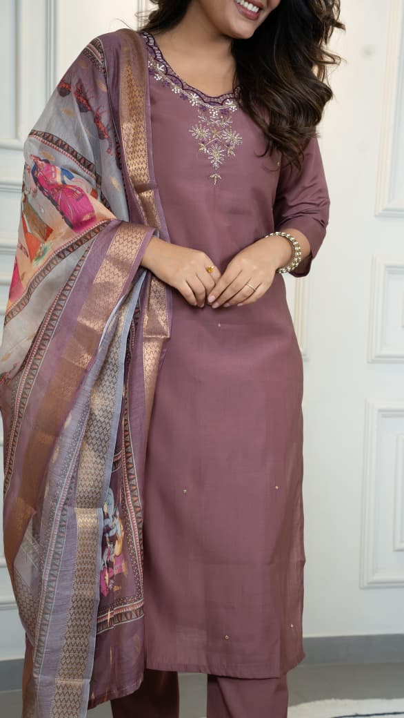 Elegant Roman Silk A-Line Kurta Pant with Dupatta