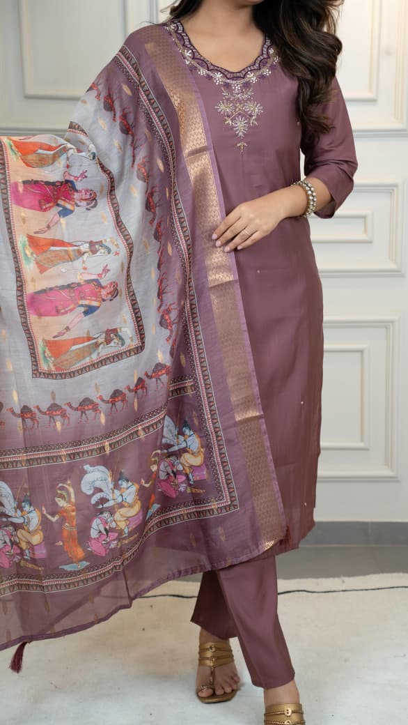 Elegant Roman Silk A-Line Kurta Pant with Dupatta