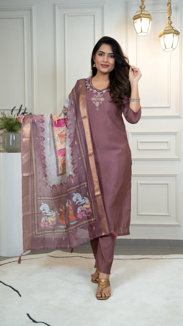 Elegant Roman Silk A-Line Kurta Pant with Dupatta
