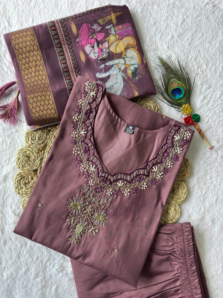 Elegant Roman Silk A-Line Kurta Pant with Dupatta