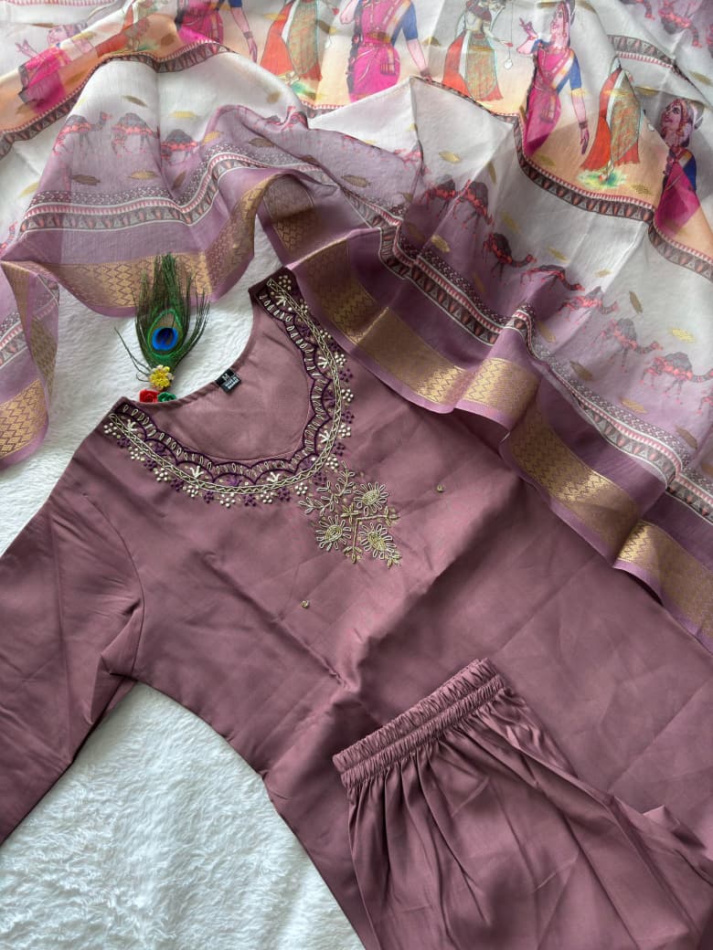 Elegant Roman Silk A-Line Kurta Pant with Dupatta