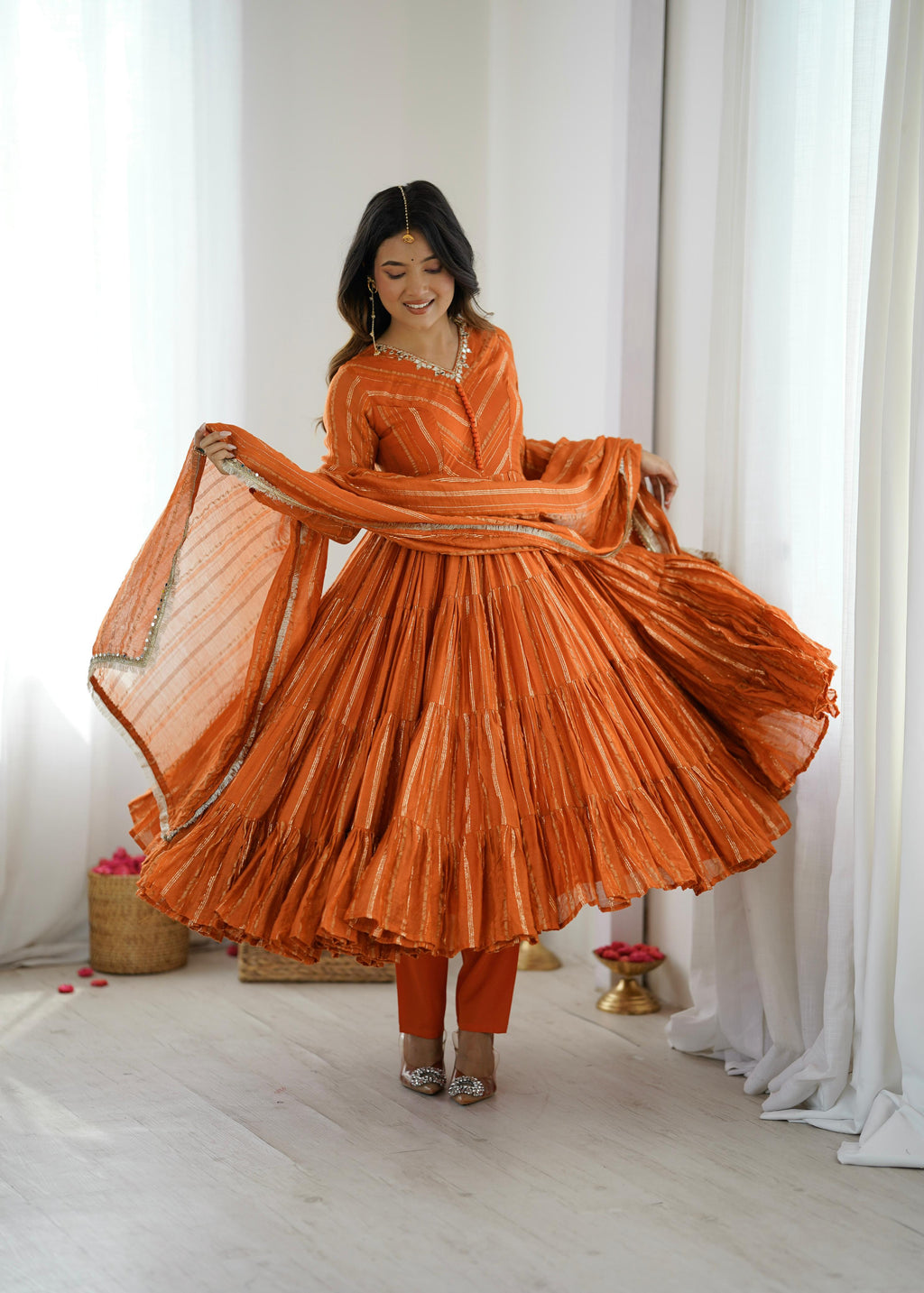 Trendy And Exotic Women’s Ethnic Wear Ruffle Gown Color - Rust Orange