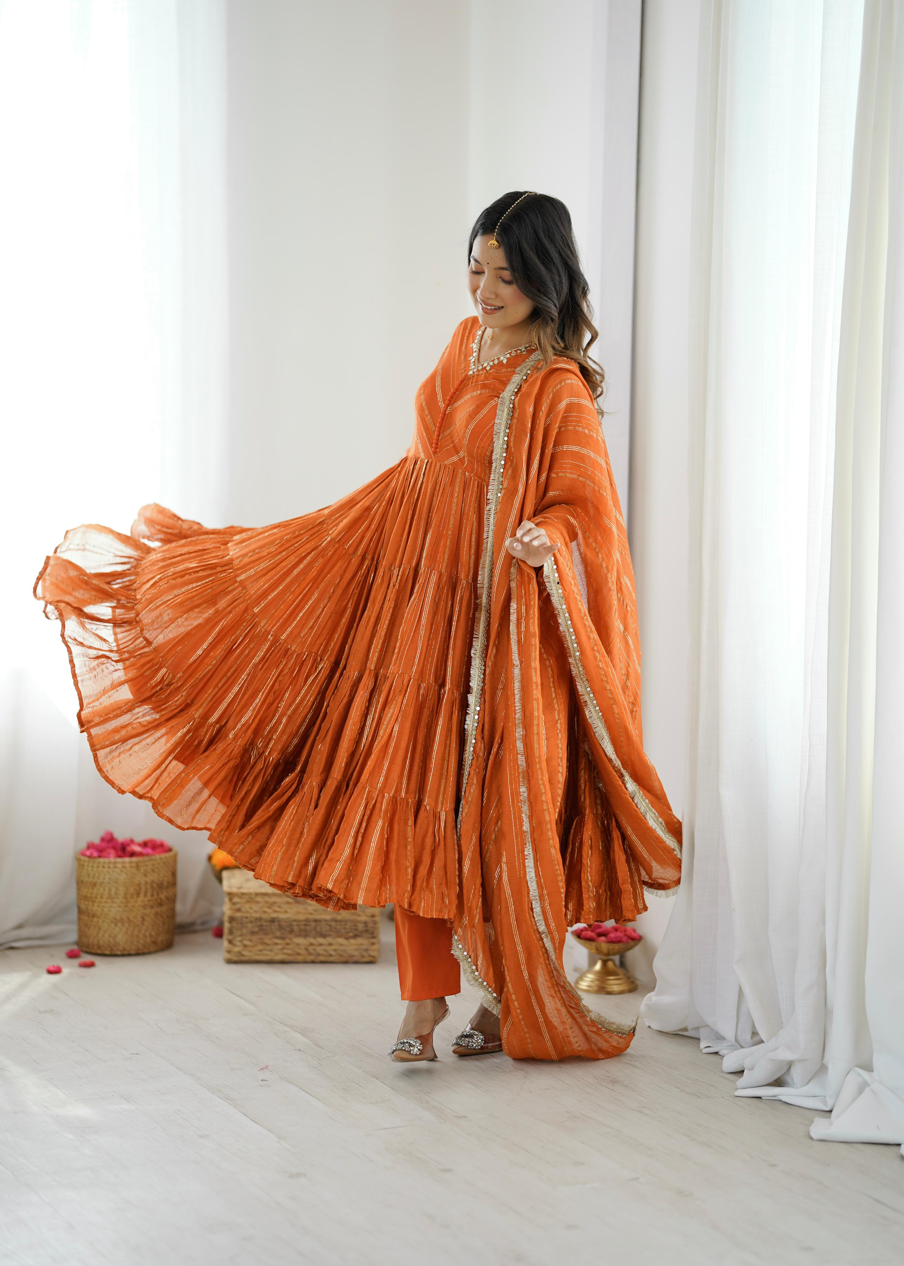 Trendy And Exotic Women’s Ethnic Wear Ruffle Gown Color - Rust Orange