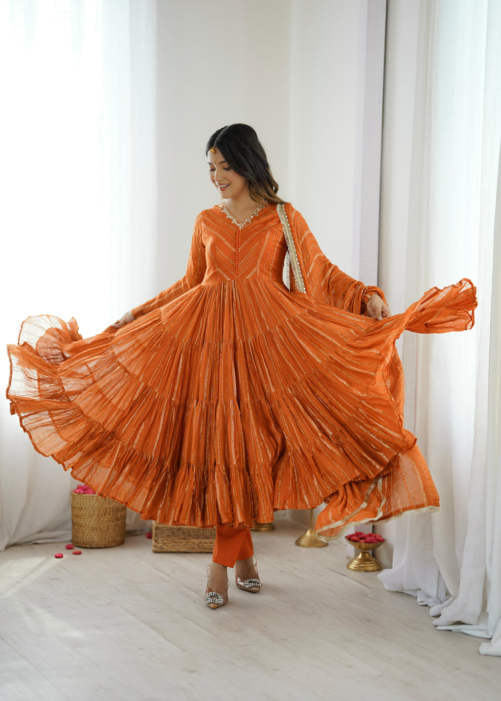 Trendy And Exotic Women’s Ethnic Wear Ruffle Gown Color - Rust Orange
