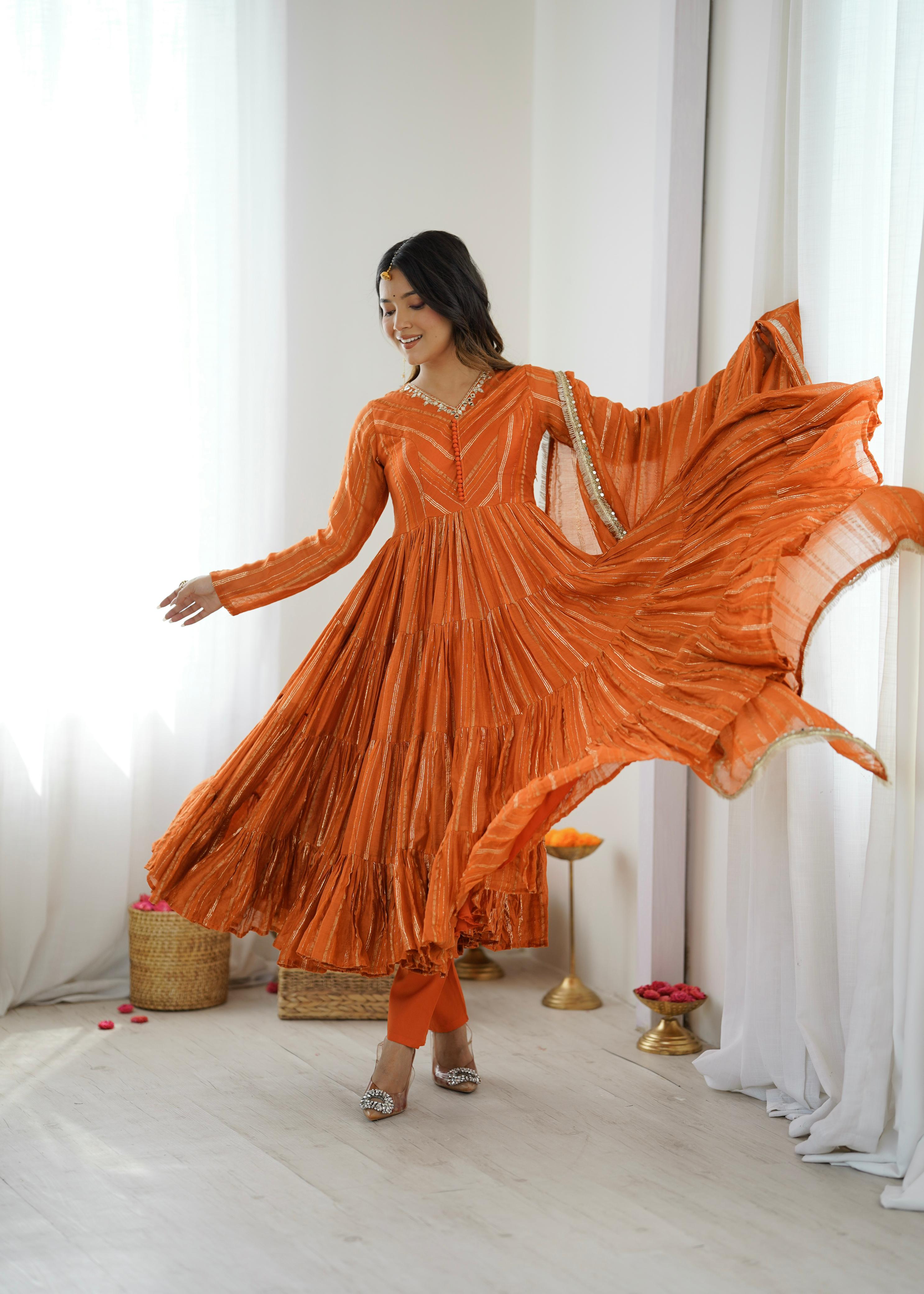 Trendy And Exotic Women’s Ethnic Wear Ruffle Gown Color - Rust Orange