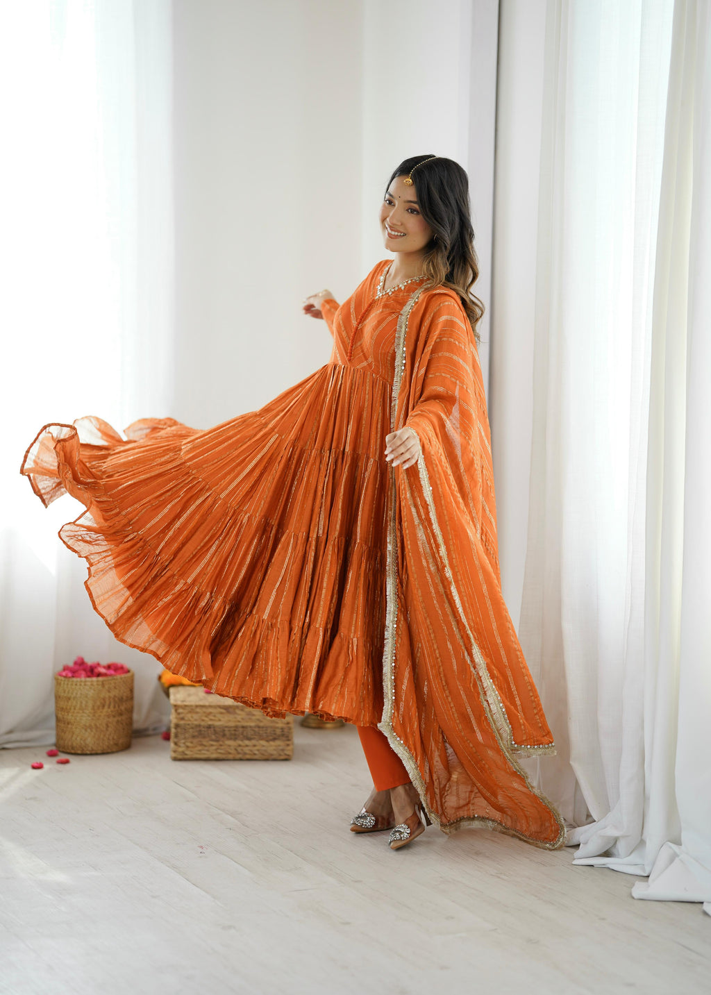 Trendy And Exotic Women’s Ethnic Wear Ruffle Gown Color - Rust Orange