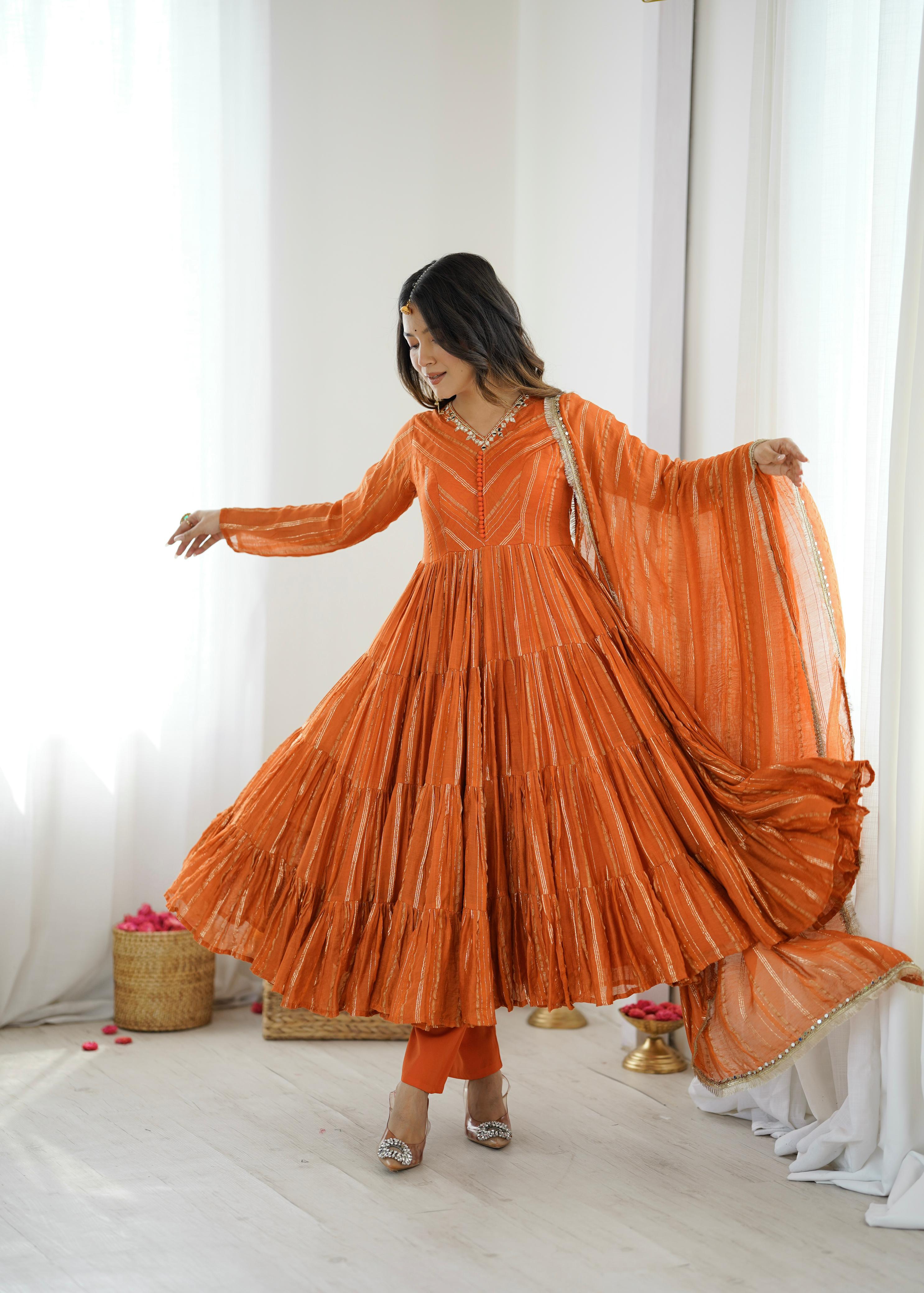 Trendy And Exotic Women’s Ethnic Wear Ruffle Gown Color - Rust Orange