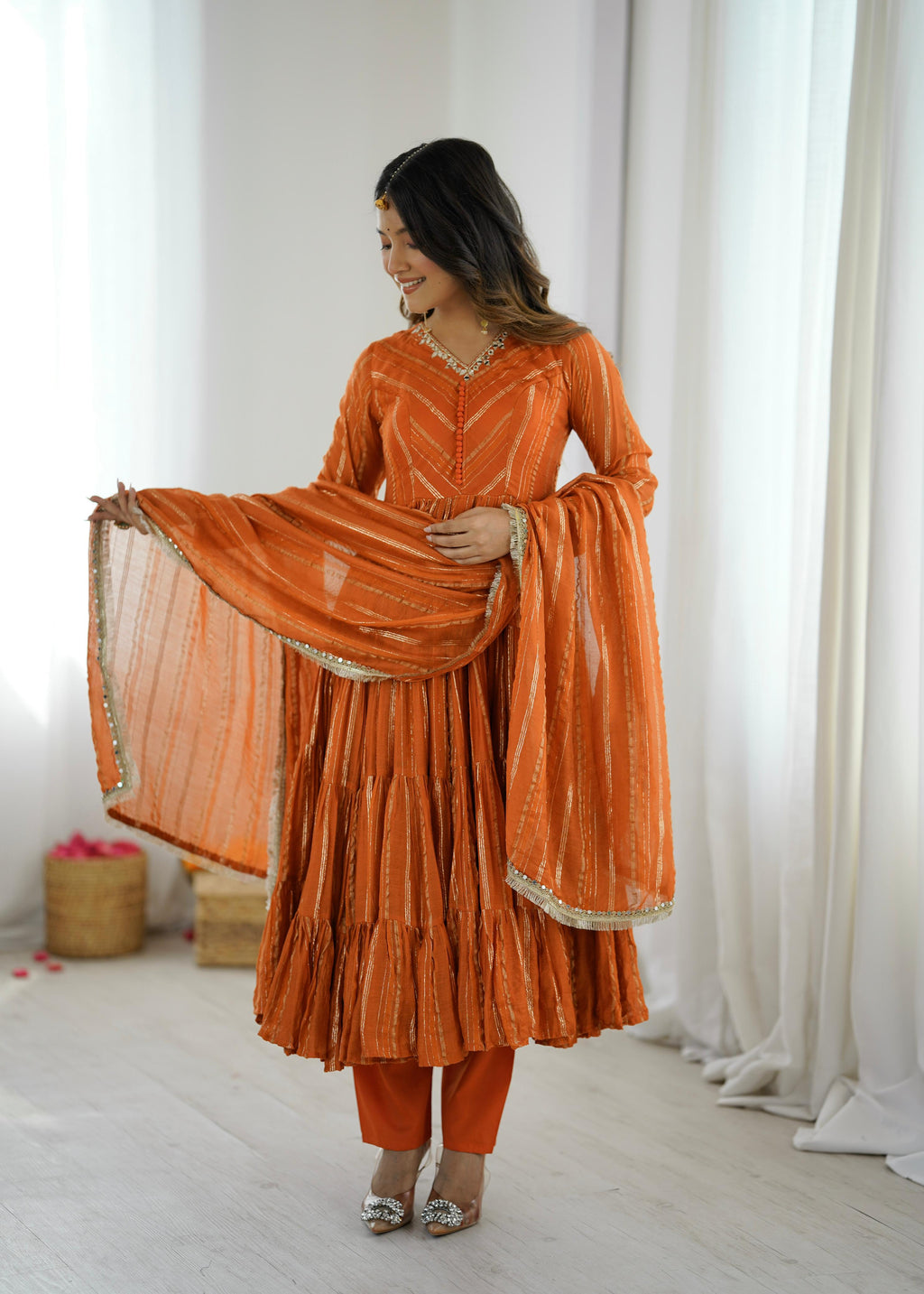 Trendy And Exotic Women’s Ethnic Wear Ruffle Gown Color - Rust Orange