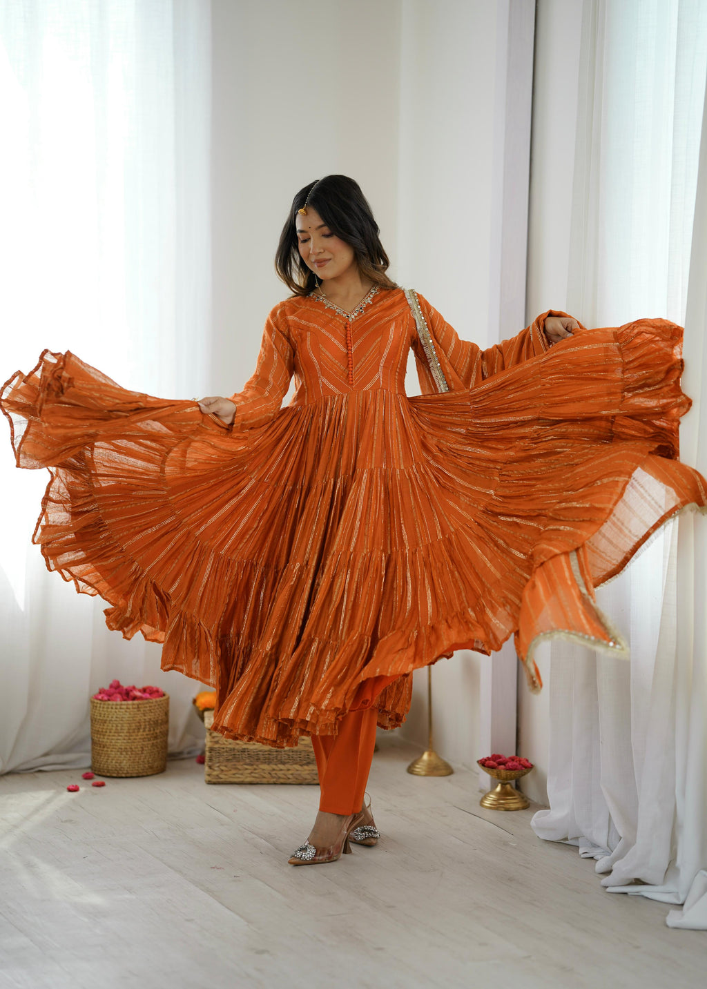 Trendy And Exotic Women’s Ethnic Wear Ruffle Gown Color - Rust Orange
