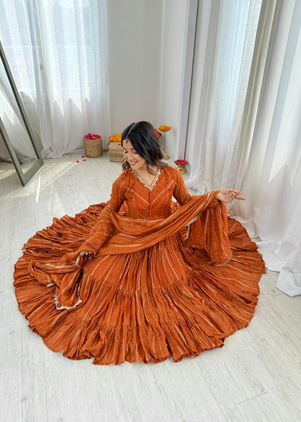 Trendy And Exotic Women’s Ethnic Wear Ruffle Gown Color - Rust Orange