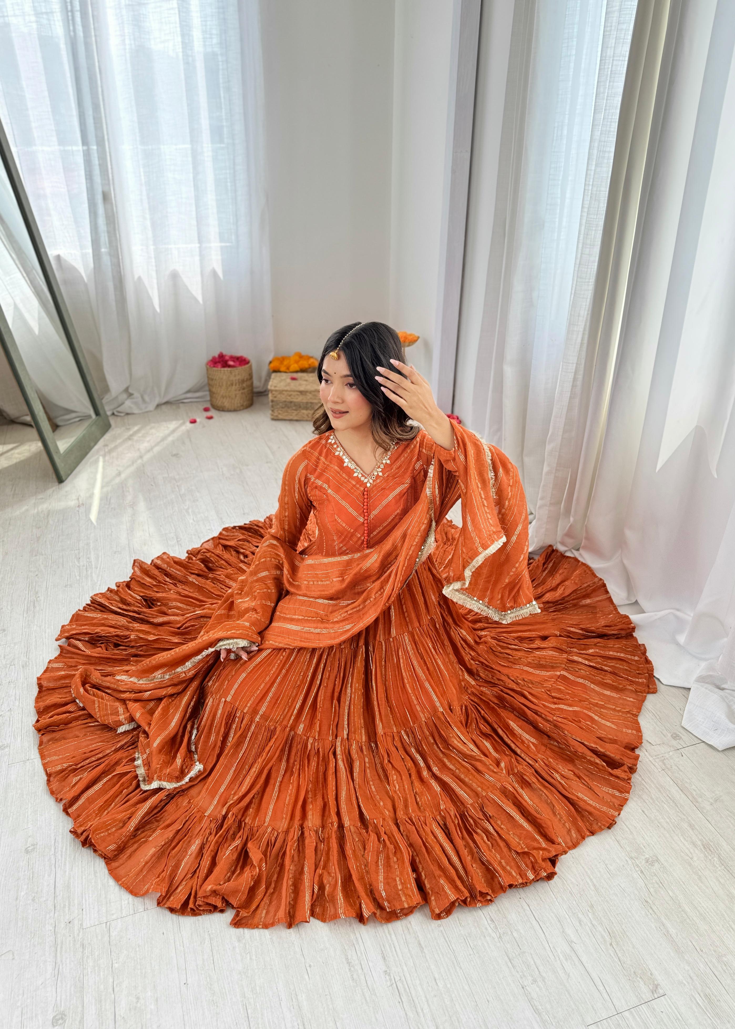 Trendy And Exotic Women’s Ethnic Wear Ruffle Gown Color - Rust Orange