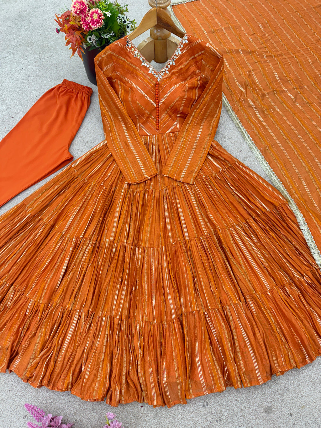 Trendy And Exotic Women’s Ethnic Wear Ruffle Gown Color - Rust Orange