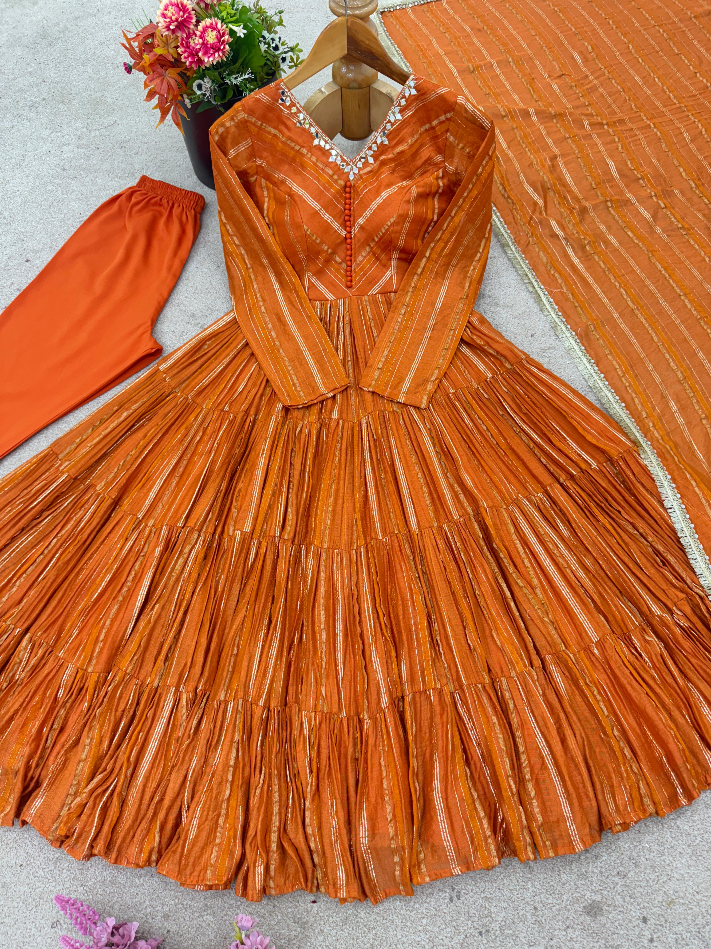 Trendy And Exotic Women’s Ethnic Wear Ruffle Gown Color - Rust Orange
