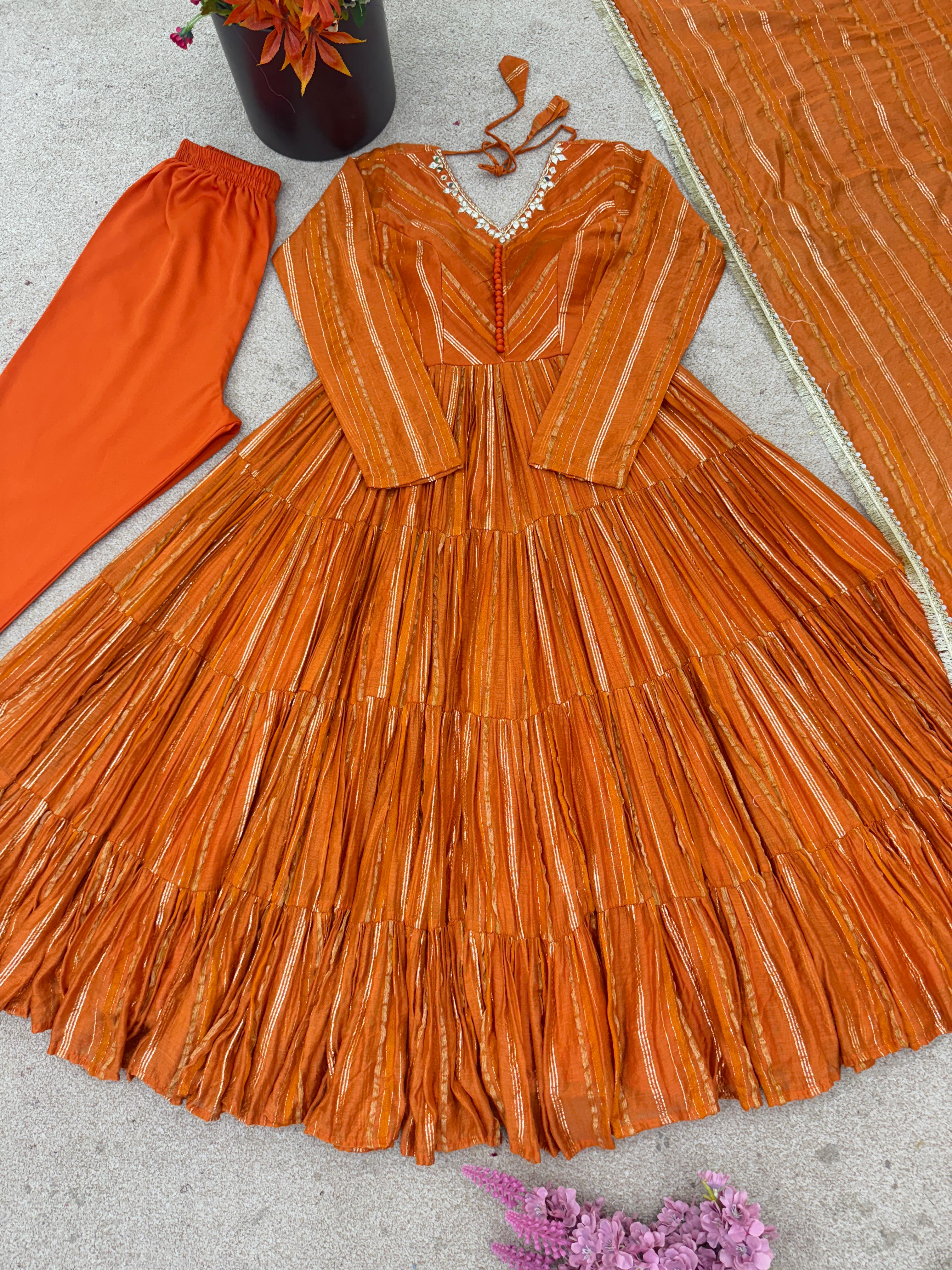 Trendy And Exotic Women’s Ethnic Wear Ruffle Gown Color - Rust Orange