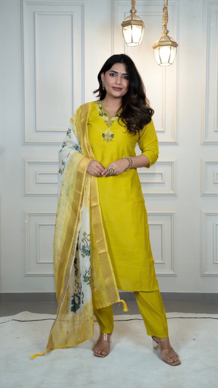 Rust Yellow Adorable and Trendy Designer Kurti Pent Dupatta Set