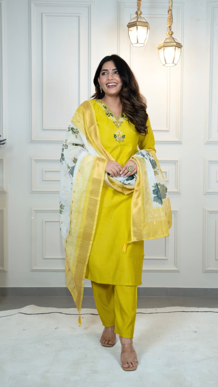 Rust Yellow Adorable and Trendy Designer Kurti Pent Dupatta Set