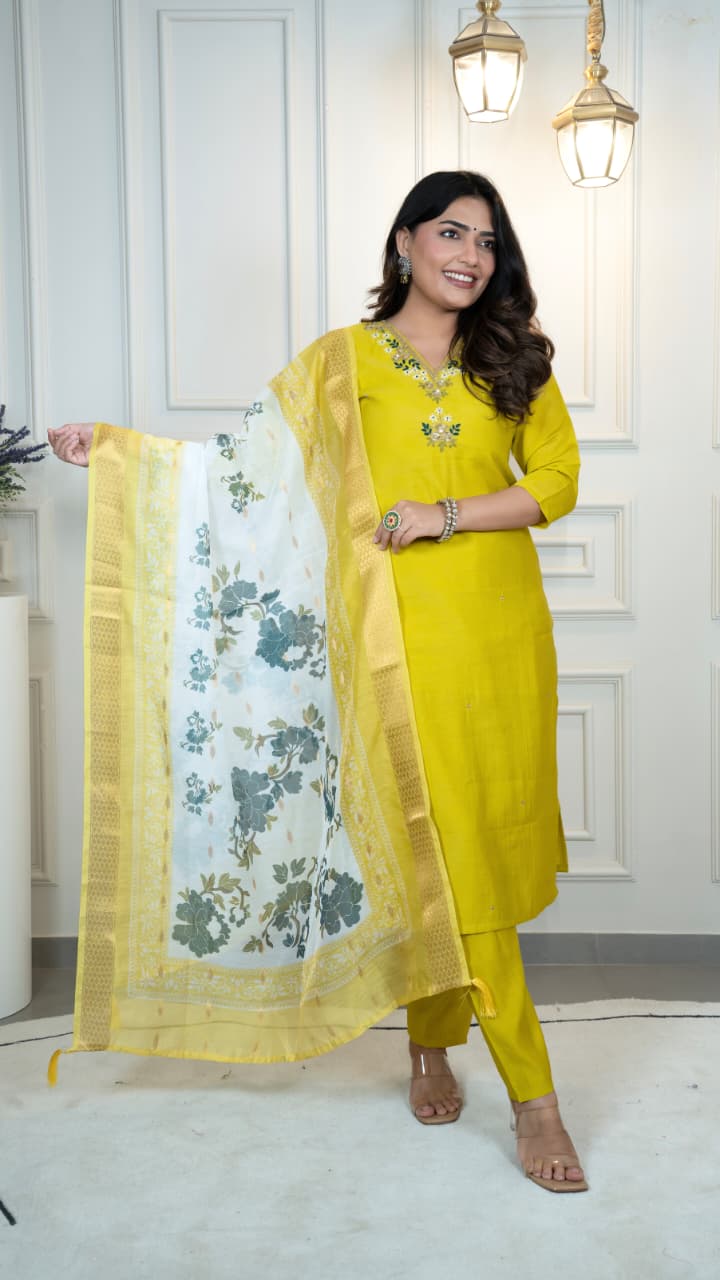 Rust Yellow Adorable and Trendy Designer Kurti Pent Dupatta Set