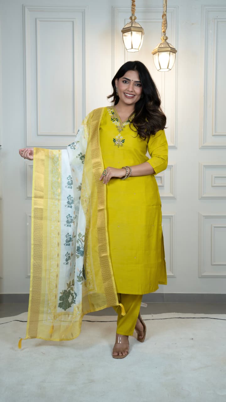 Rust Yellow Adorable and Trendy Designer Kurti Pent Dupatta Set