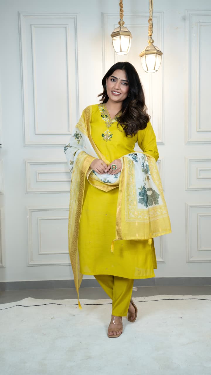 Rust Yellow Adorable and Trendy Designer Kurti Pent Dupatta Set
