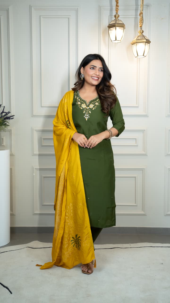 Trendy Kurti vibes, happy heart, pure joy! - Embroidered, Color - Mehendi Green