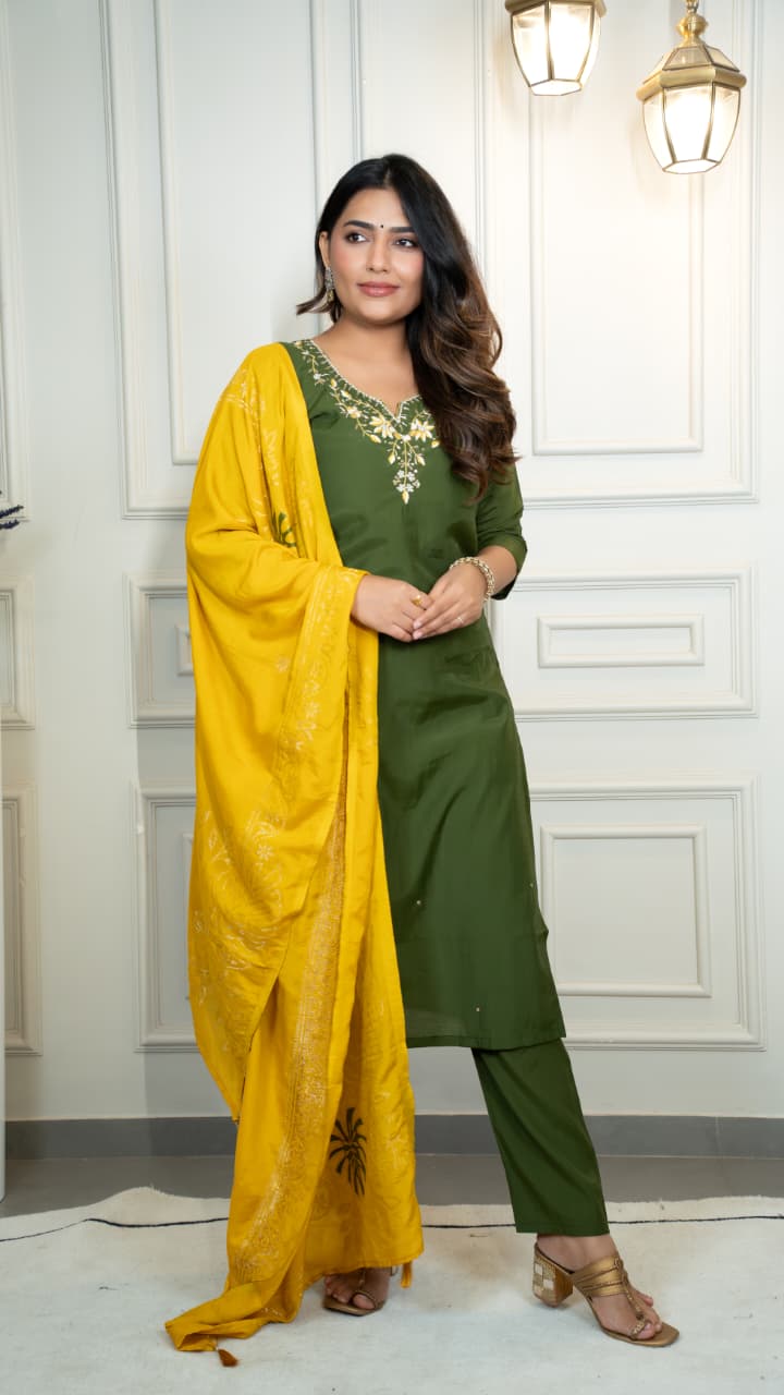 Trendy Kurti vibes, happy heart, pure joy! - Embroidered, Color - Mehendi Green