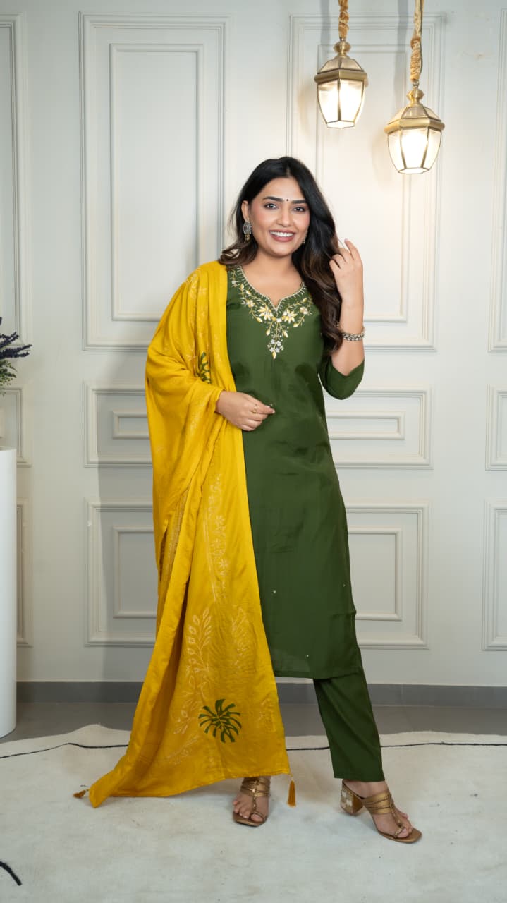 Trendy Kurti vibes, happy heart, pure joy! - Embroidered, Color - Mehendi Green