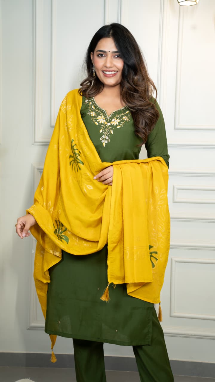 Trendy Kurti vibes, happy heart, pure joy! - Embroidered, Color - Mehendi Green
