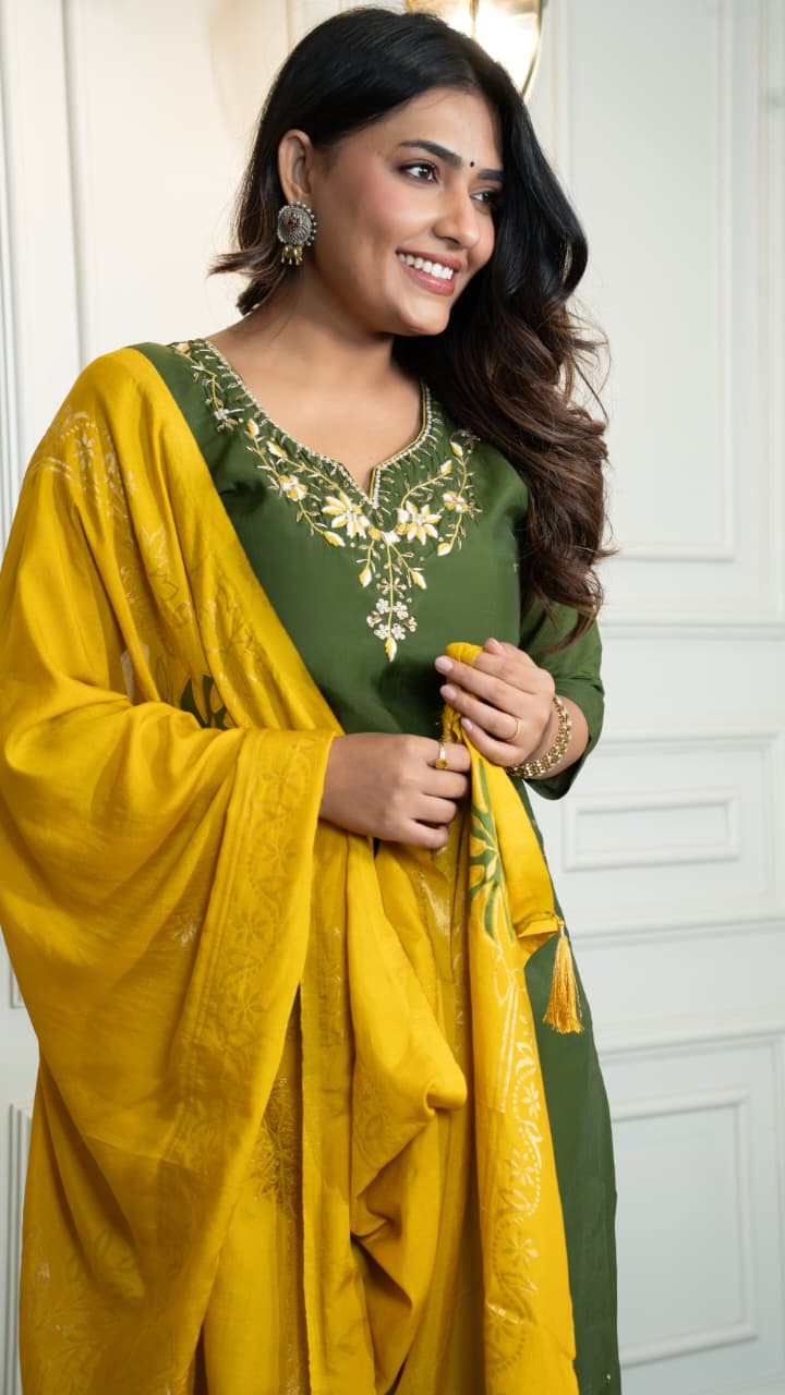 Trendy Kurti vibes, happy heart, pure joy! - Embroidered, Color - Mehendi Green