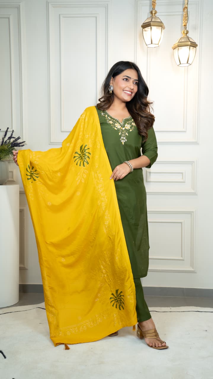 Trendy Kurti vibes, happy heart, pure joy! - Embroidered, Color - Mehendi Green