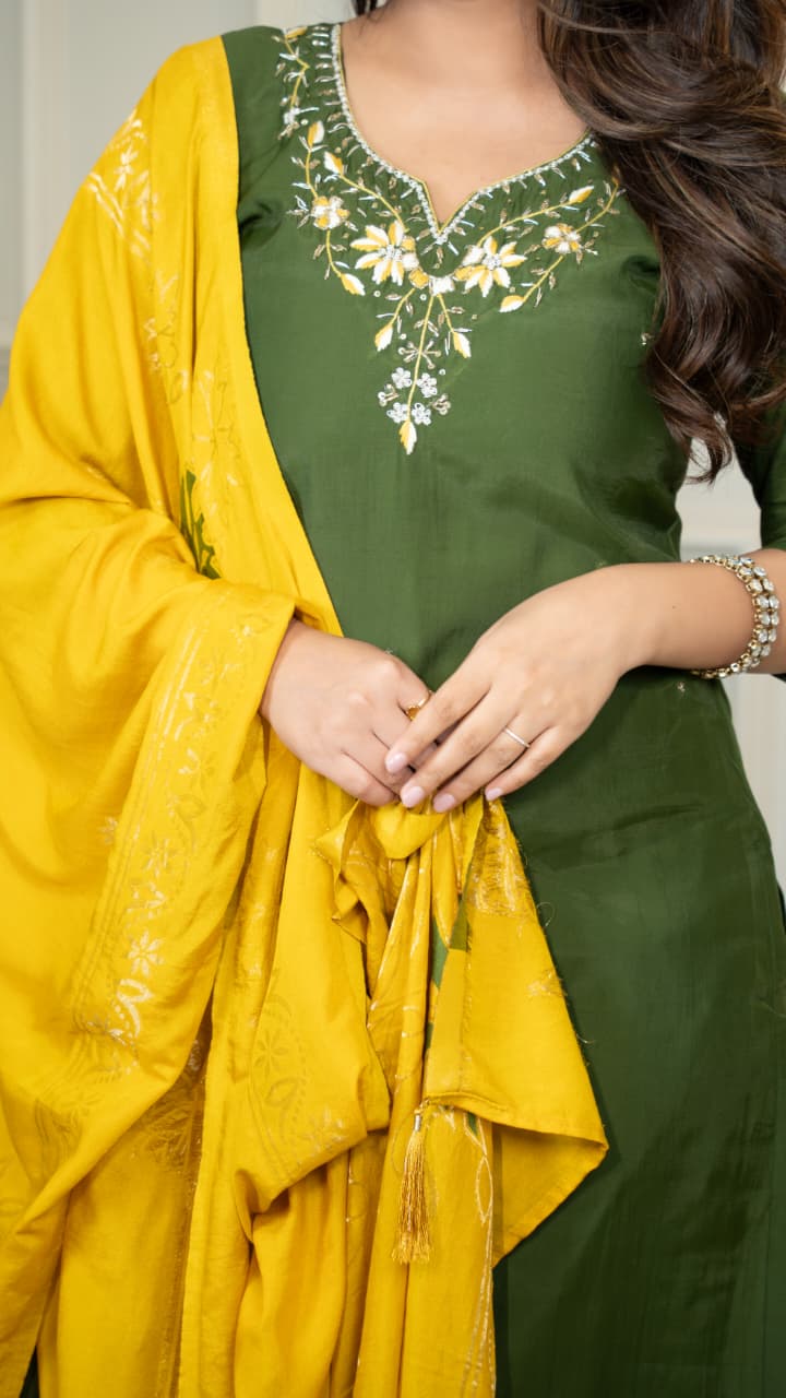 Trendy Kurti vibes, happy heart, pure joy! - Embroidered, Color - Mehendi Green