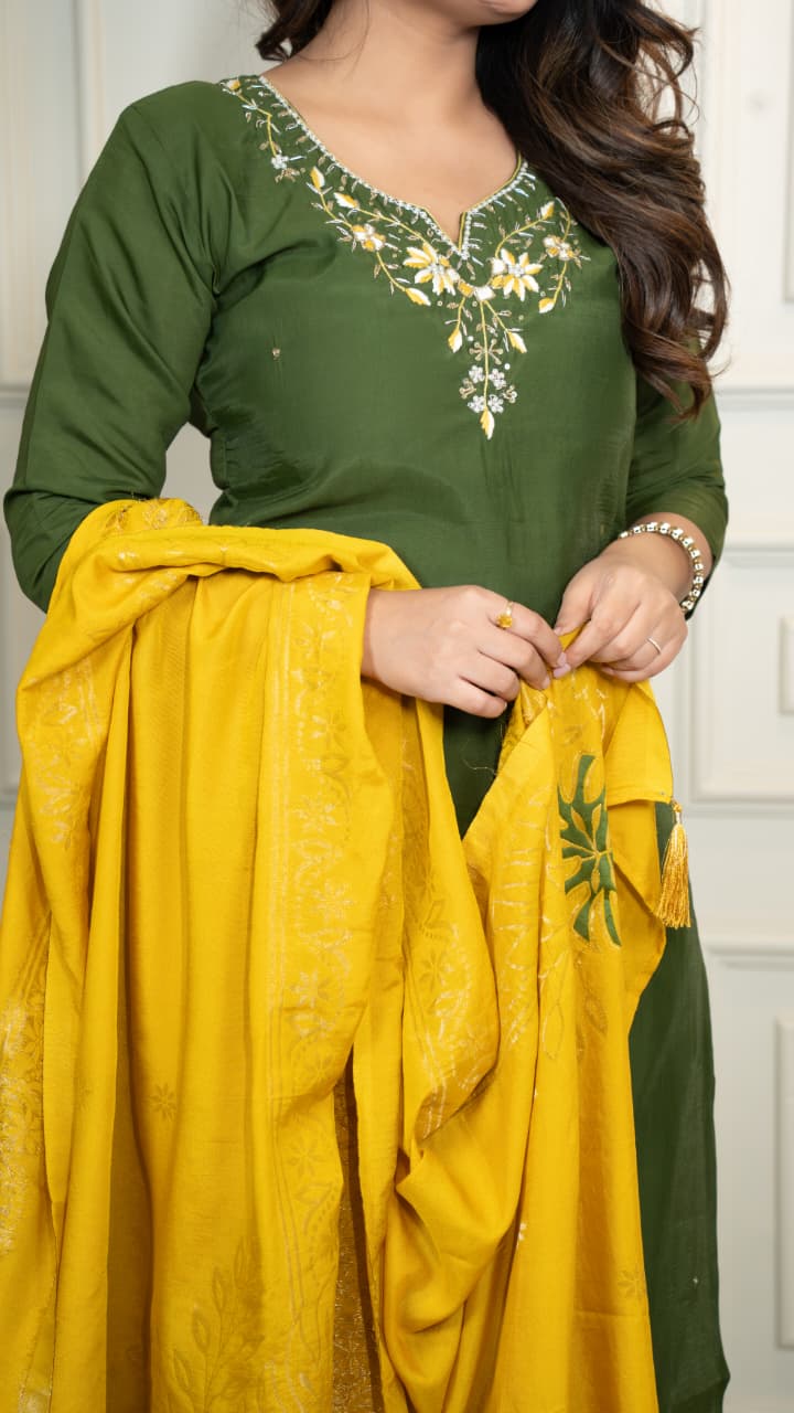 Trendy Kurti vibes, happy heart, pure joy! - Embroidered, Color - Mehendi Green