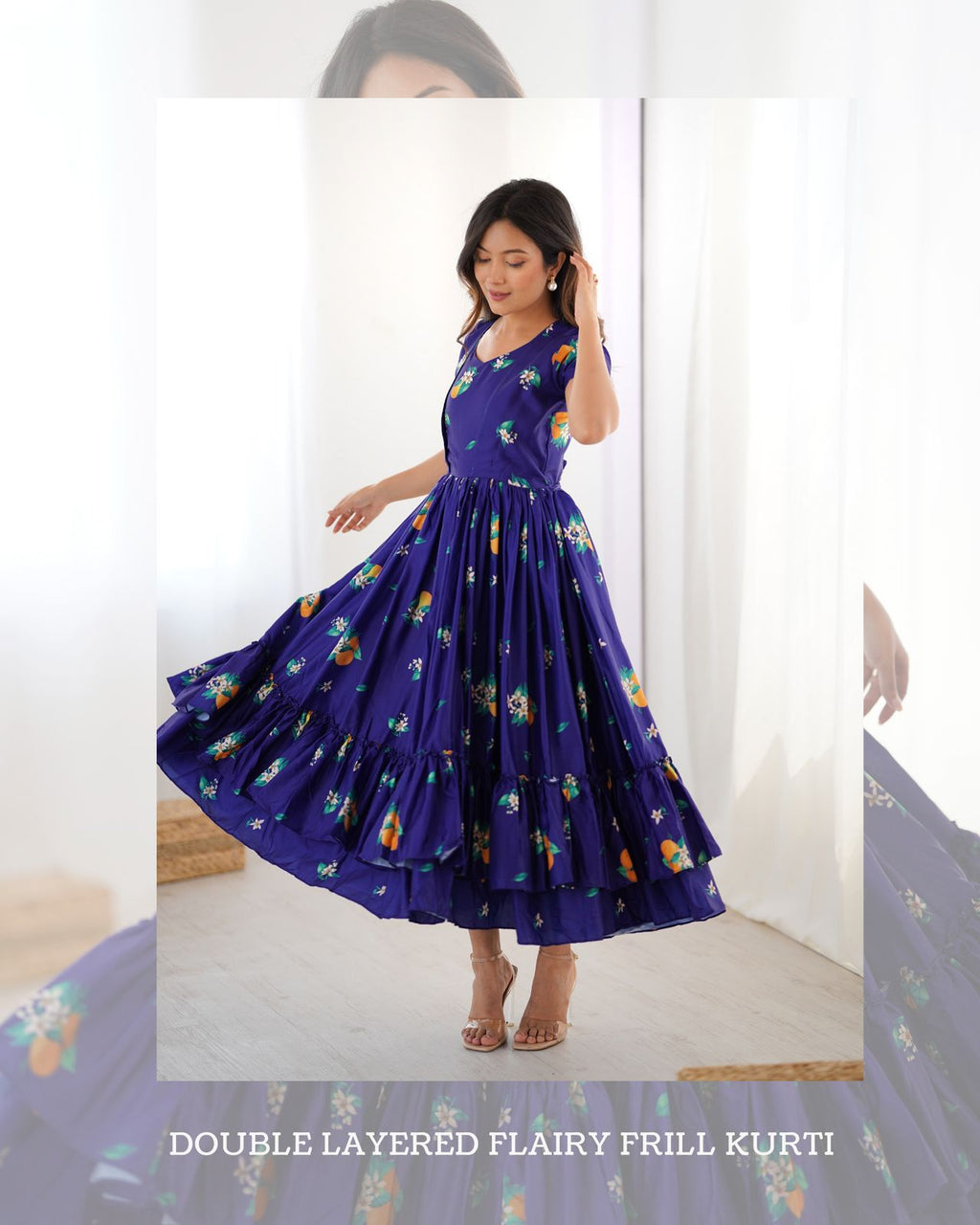 Indigo Majestic Floral Frill Kurti