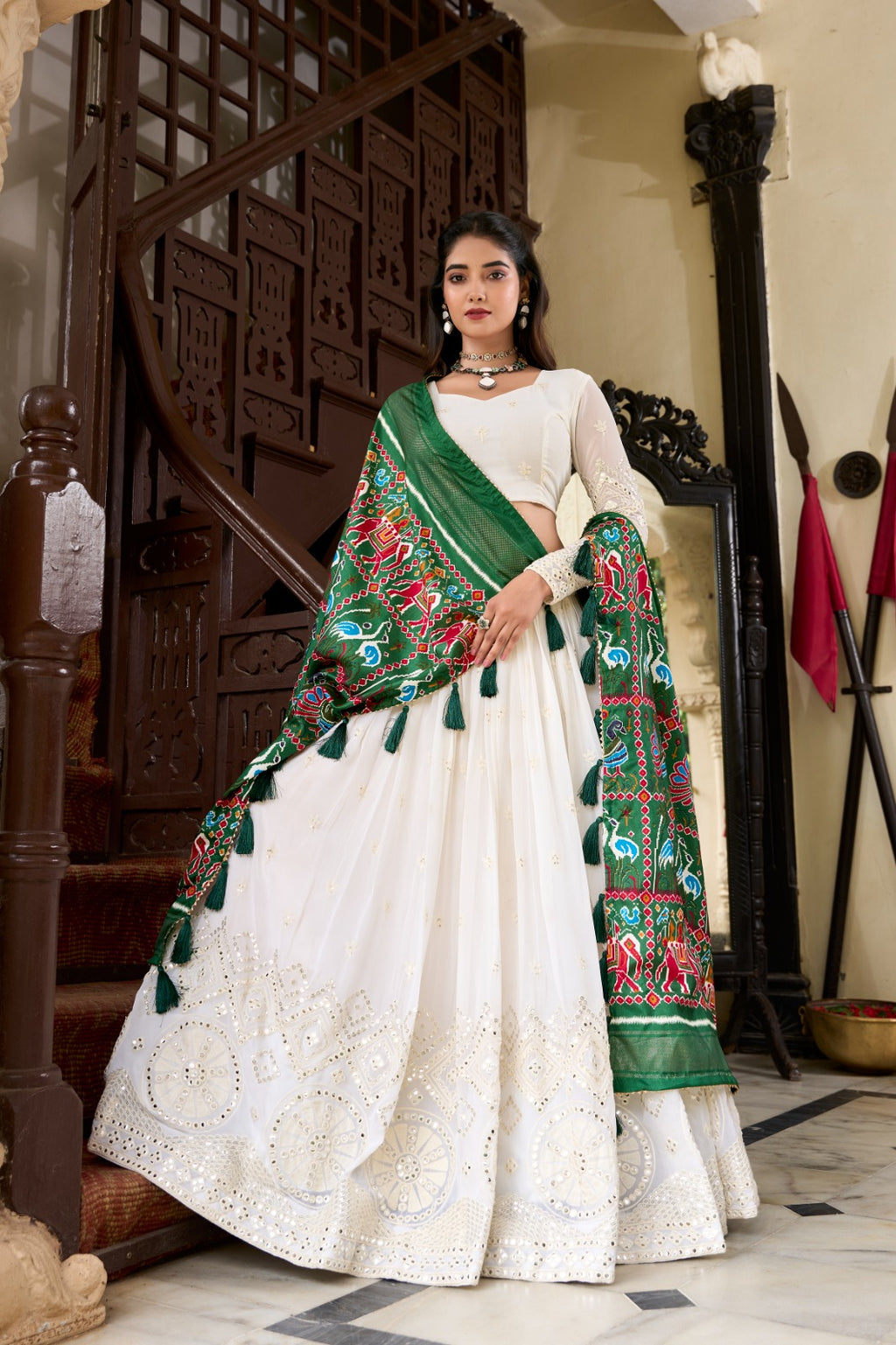 Lehenga choli - Experience timeless elegance with this beautiful lucknowi paper mirror work lehenga
