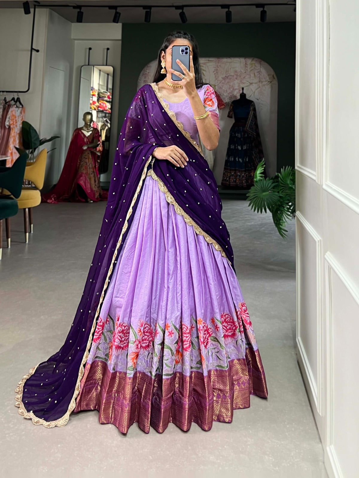 Lehenga Choli - Capture Attention with Our Stunning Cotton Silk Lehenga Featuring Detailed Thread Embroidery and a Beautifully Drape Georgette Dupatta.