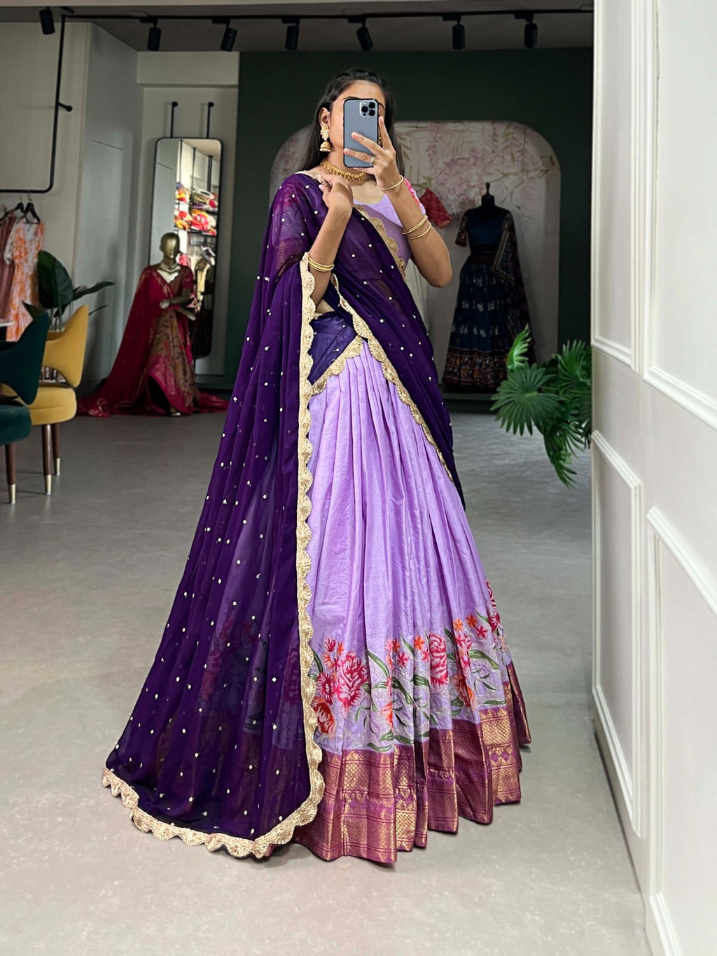 Lehenga Choli - Capture Attention with Our Stunning Cotton Silk Lehenga Featuring Detailed Thread Embroidery and a Beautifully Drape Georgette Dupatta.