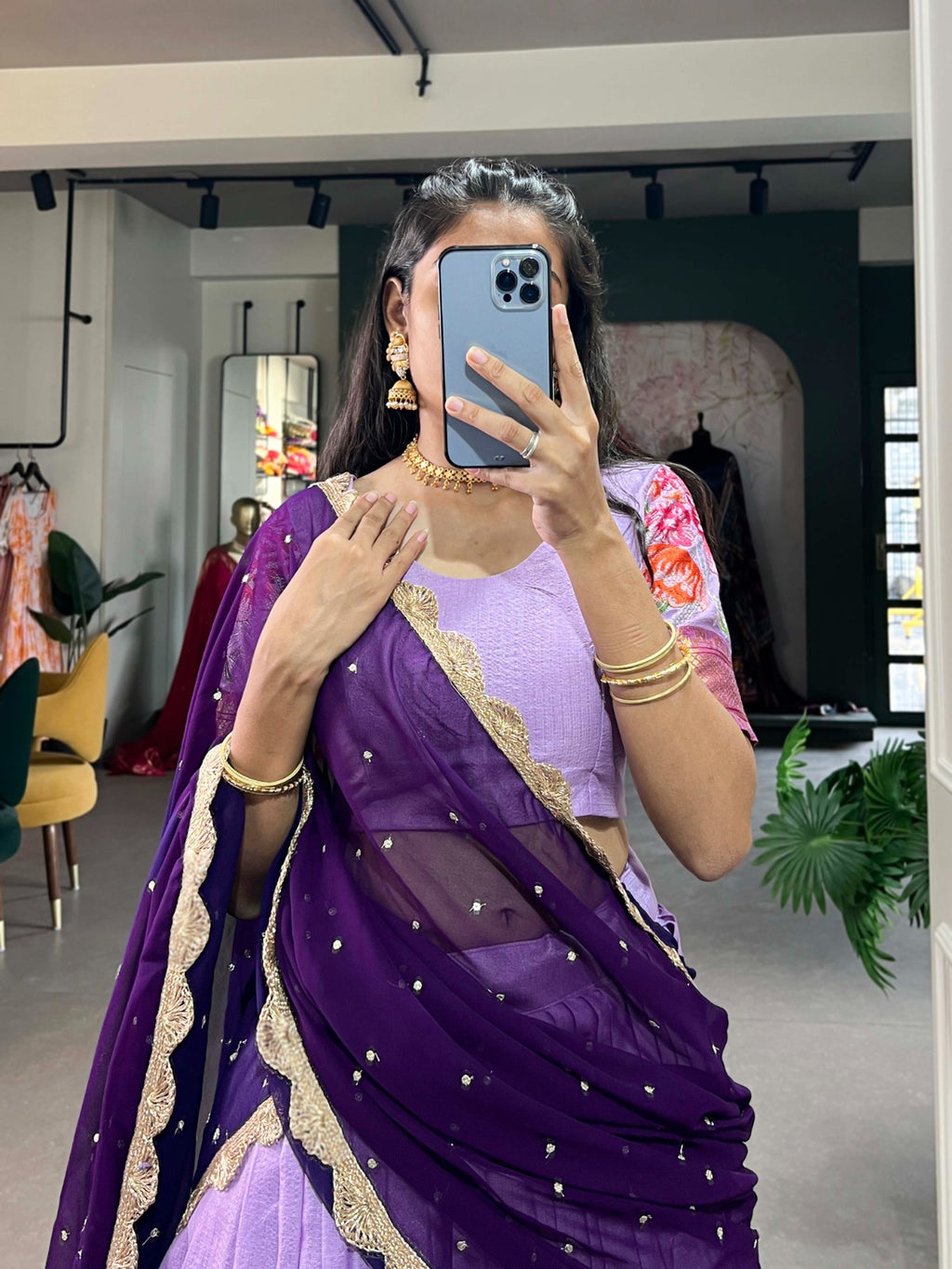 Lehenga Choli - Capture Attention with Our Stunning Cotton Silk Lehenga Featuring Detailed Thread Embroidery and a Beautifully Drape Georgette Dupatta.