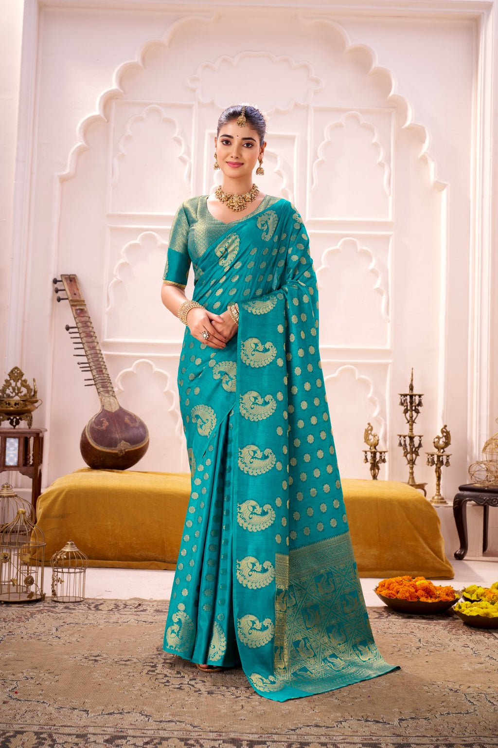 Draped in the Opulence of Roop Silk woven with zari work (Firozi)