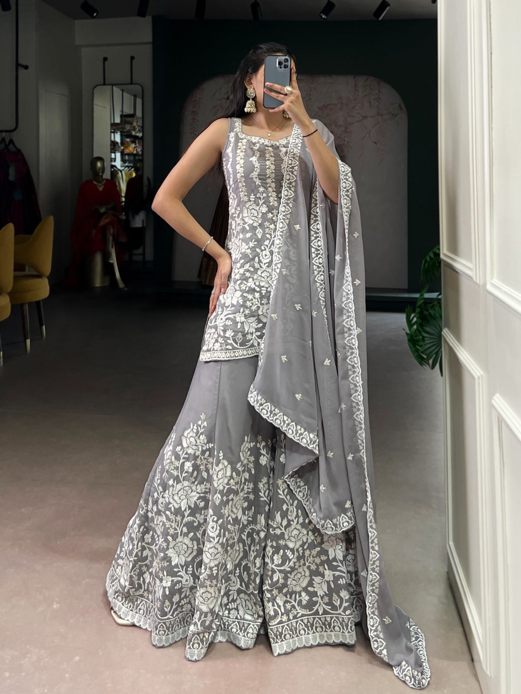 Ethnic Dress Embroidery Work Blooms Made For Timeless Elegance (Grey)