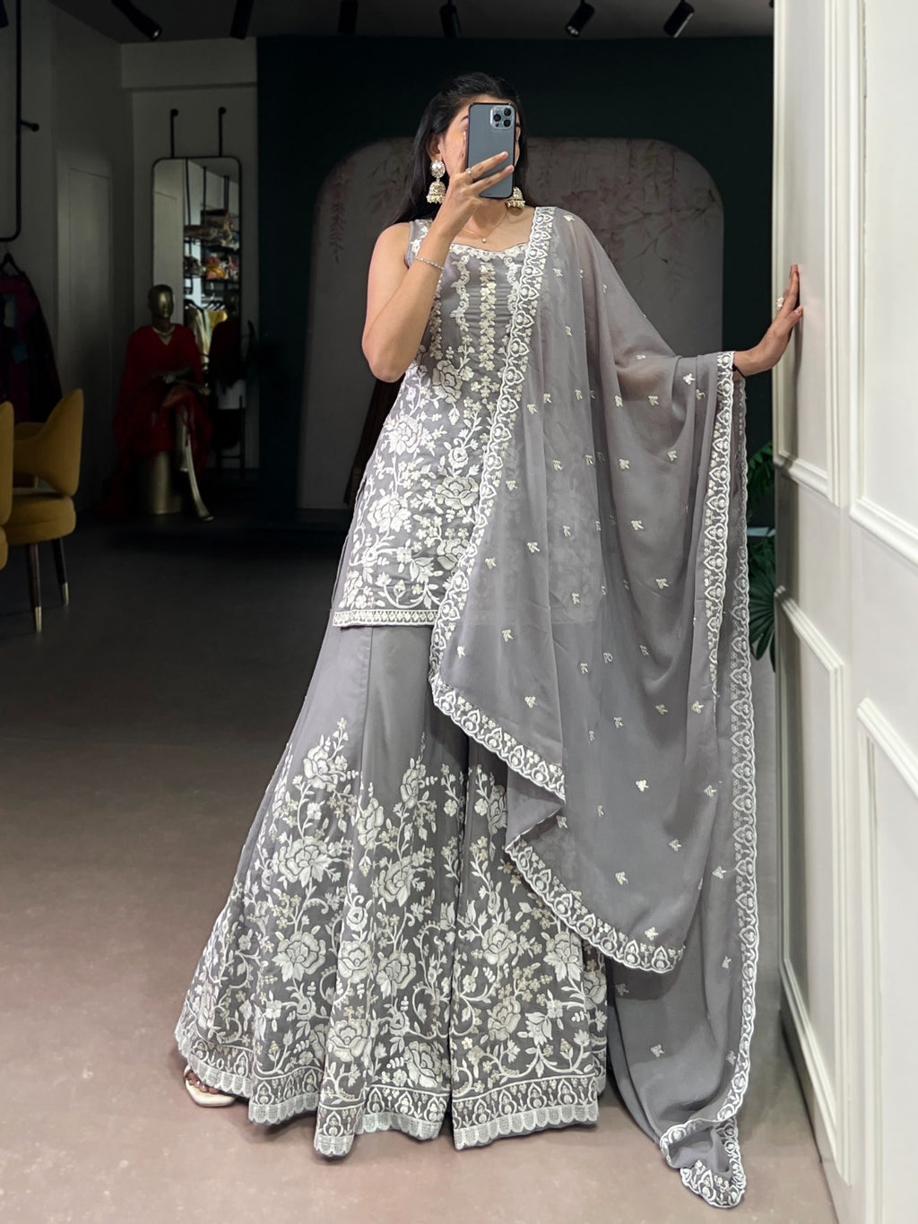 Ethnic Dress Embroidery Work Blooms Made For Timeless Elegance (Grey)