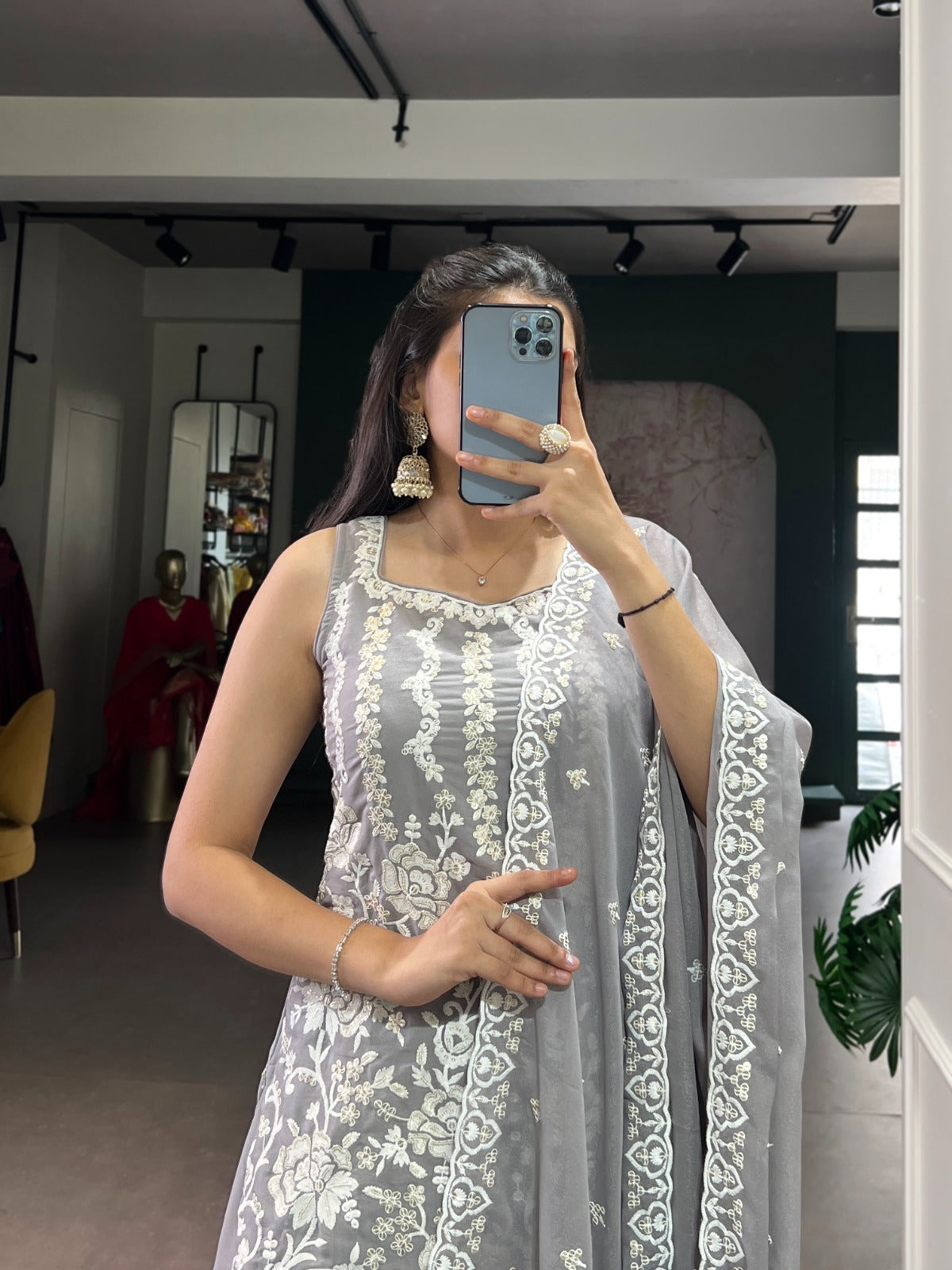 Ethnic Dress Embroidery Work Blooms Made For Timeless Elegance (Grey)