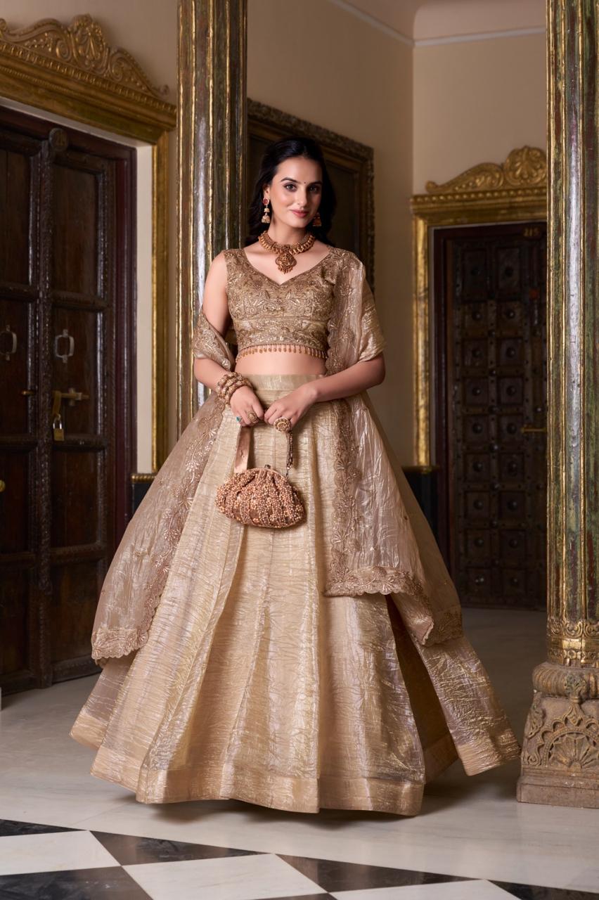 Designer Embroidered Lehenga Choli With Dupatta Soft tones, bold soul (Golden)