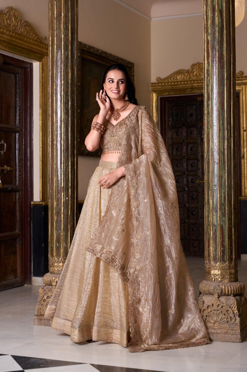 Designer Embroidered Lehenga Choli With Dupatta Soft tones, bold soul (Golden)