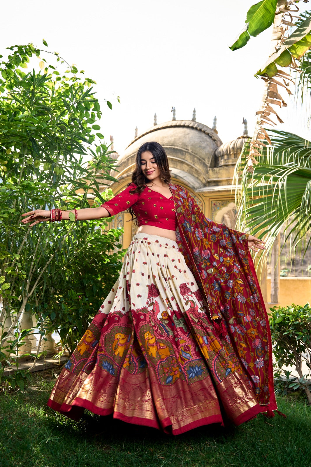 Tasar Silk Kalamkari Print Lehenga Choli Featuring a Sophisticated Foil Work Border - Off White