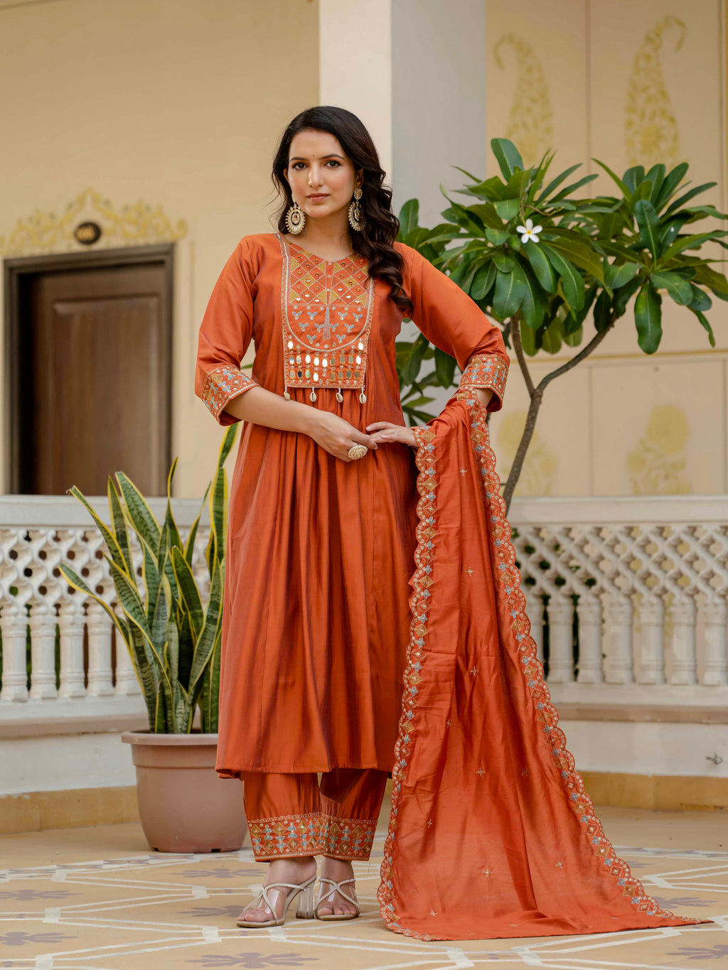 Designer Roman Silk Party Wear Kurti Set: Embroidered Outfit (Orange)